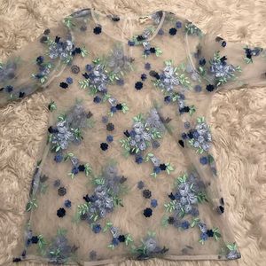 Tulle floral embroidered long sleeve blouse